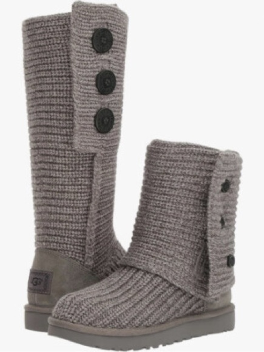 UGG Women's Classic Cardy boots in gray chunky knit wood buttons